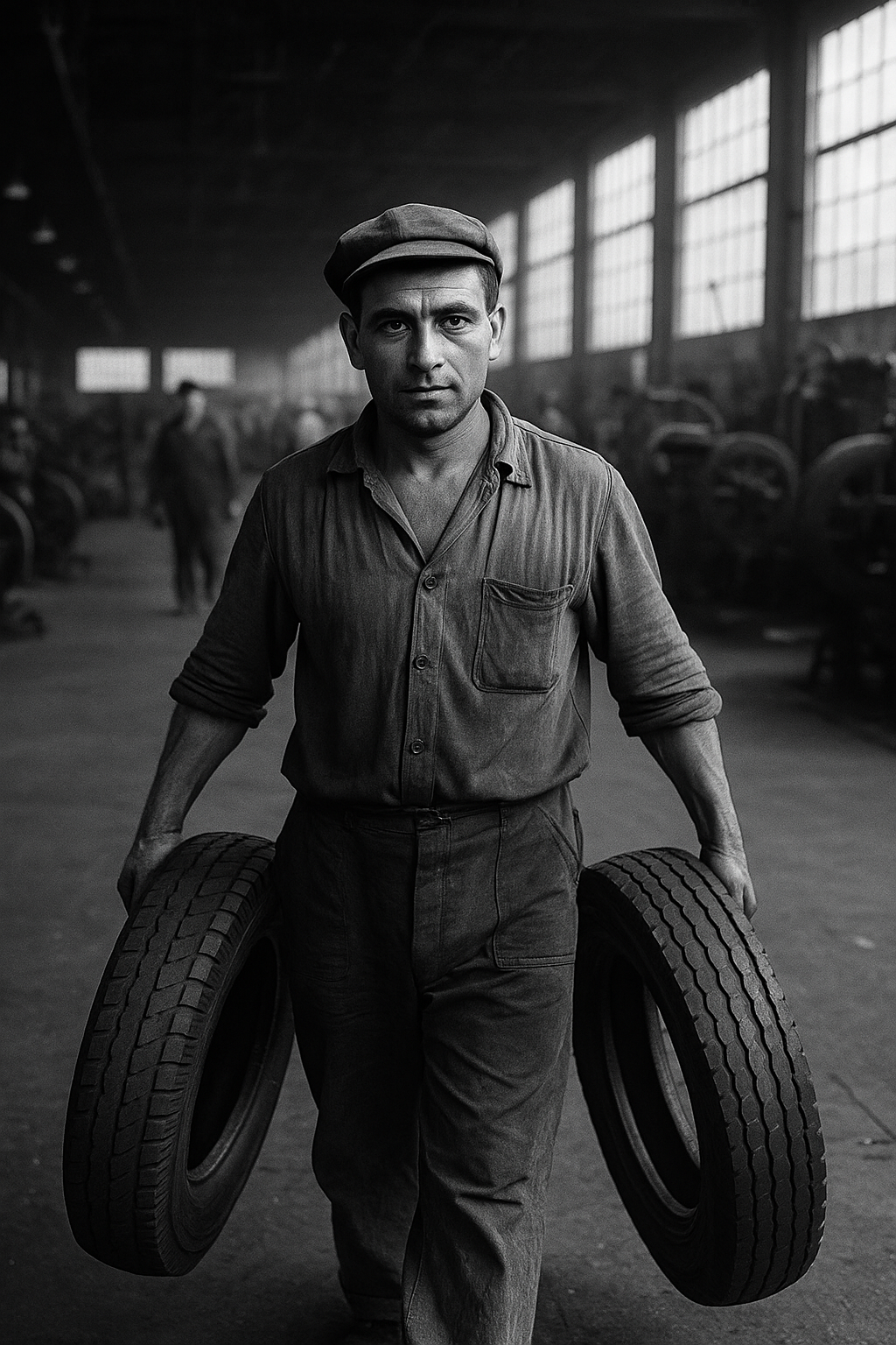 Ouvrier portant deux pneus – histoire industrielle de Kruševac